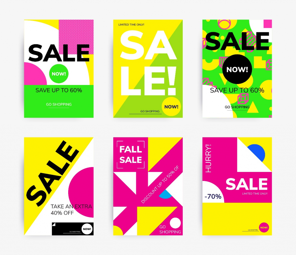 Collection of vibrant sale poster with different colors and designs