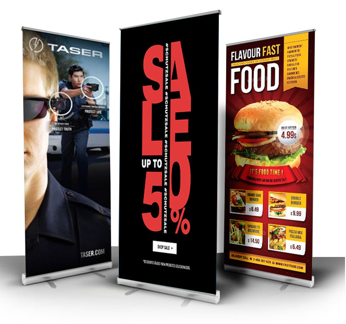 Retractable banners with stands featuring vibrant graphics