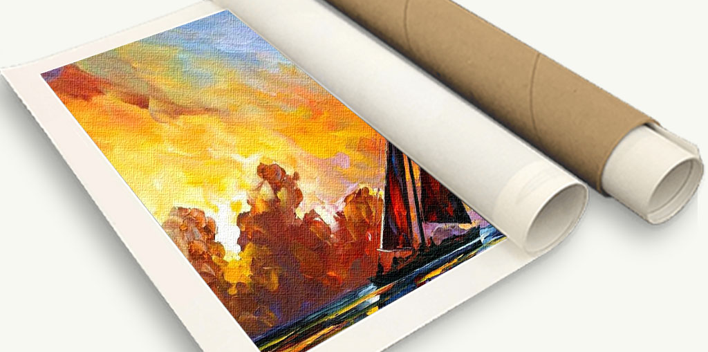 A colorful abstract painting printed on a large canvas.