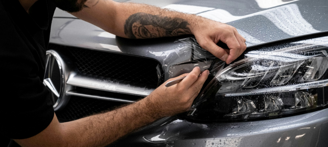 A man carefully smoothens a gray vinyl sheet onto the side of a car.