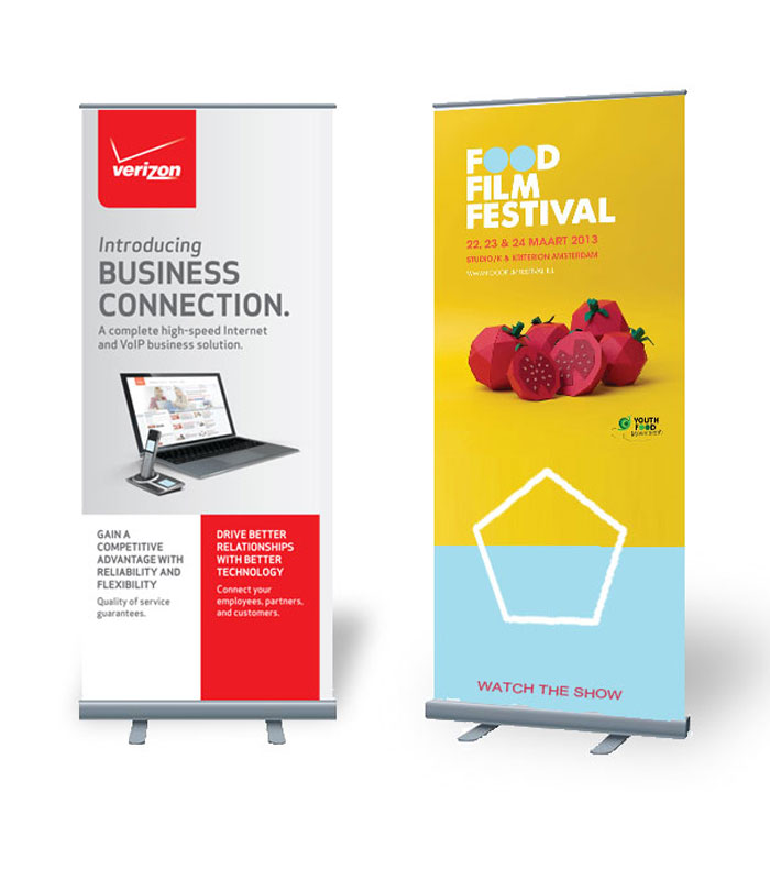 Two retractable banners displaying company logos.