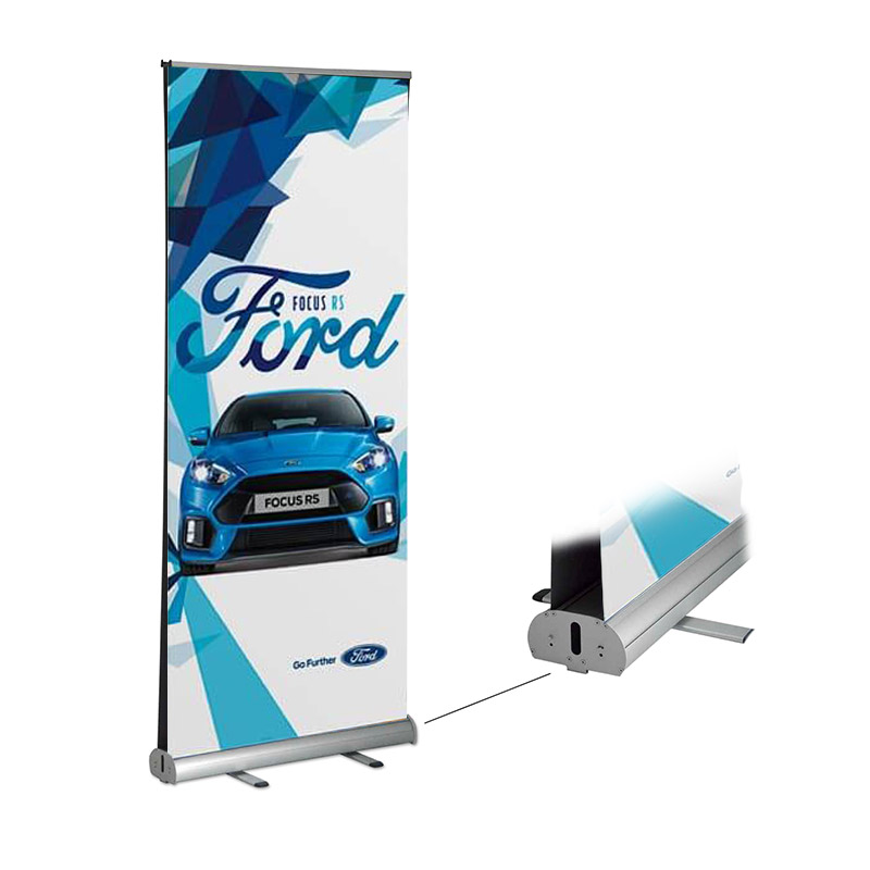 Double-sided retractable banner used for enhancing trade show pop-up displays