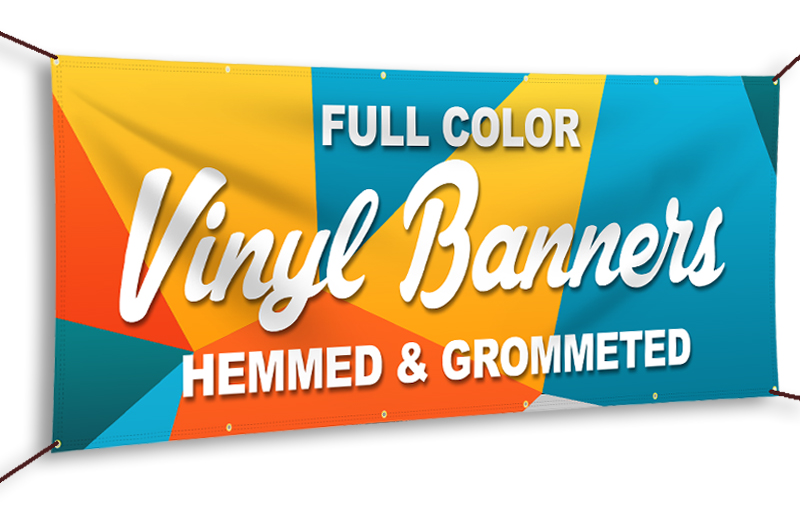 A colorful self-adhesive vinyl banner displayed at a trade show booth