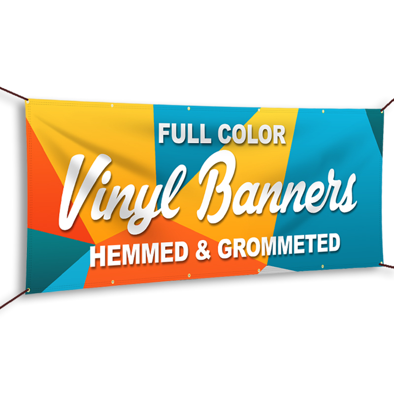 A colorful self-adhesive vinyl banner displayed at a trade show booth