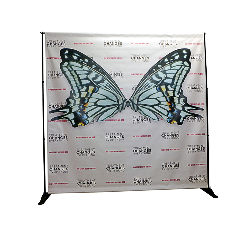 Telescoping banner stand featuring a high-quality printed banner, ideal for trade show displays