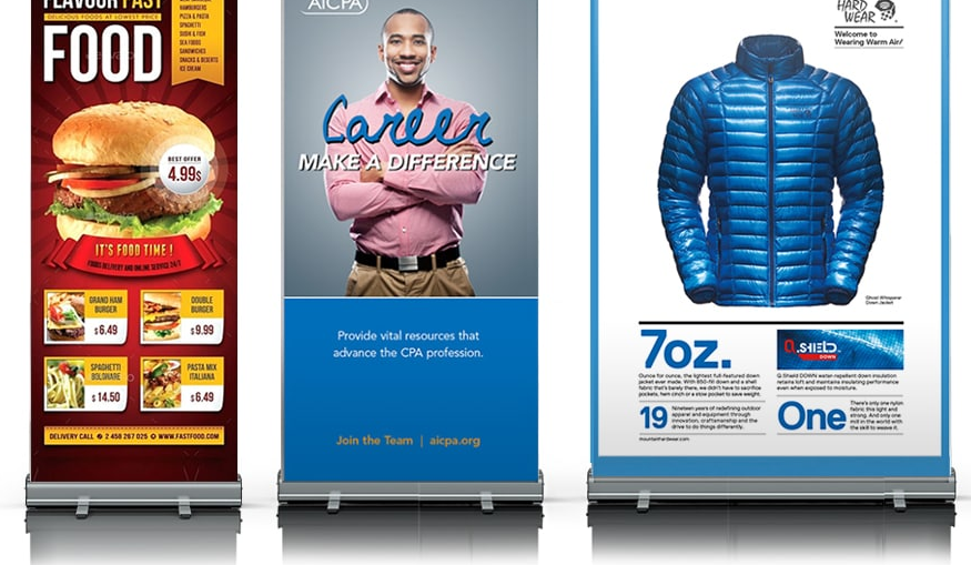 Different sizes of retractable banners showing customizable options