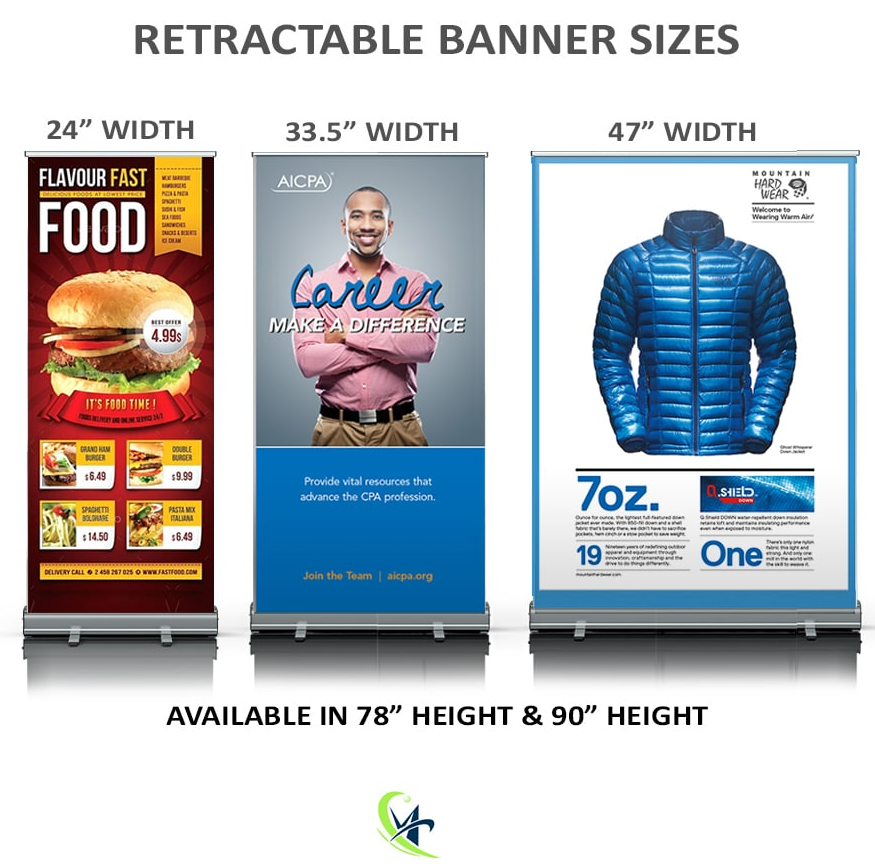 Different sizes of retractable banners showing customizable options