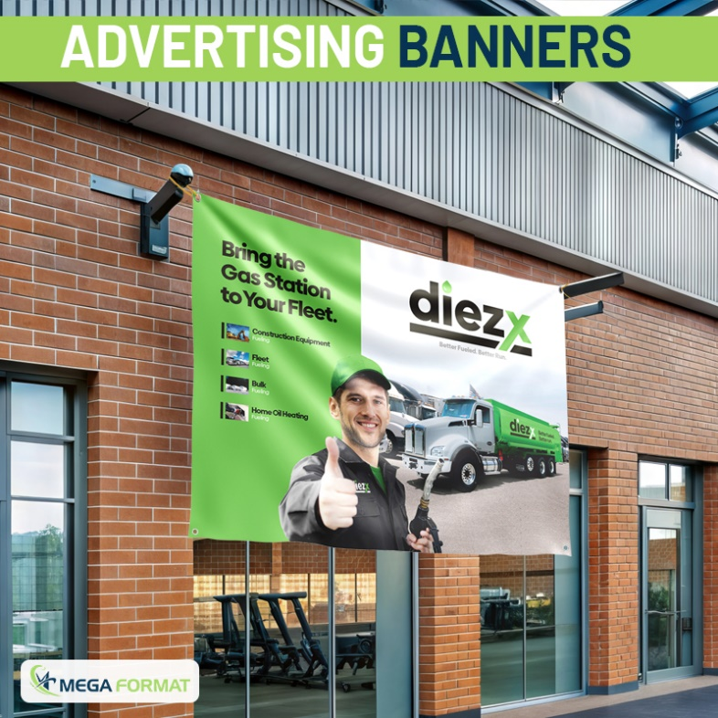 A high-resolution, large advertising banner for a brand is displayed prominently on a building, clearly visible from a distance