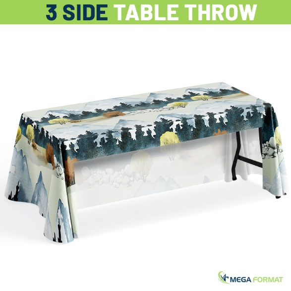 A 3-sidedcustom-printed full-color table throw at Mega Format