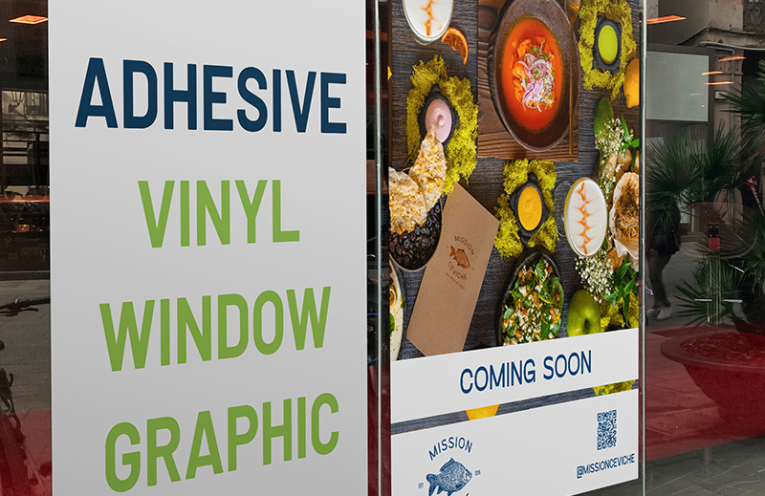 Self-adhesive vinyl high-quality printed banner displayed on a glass storefront window