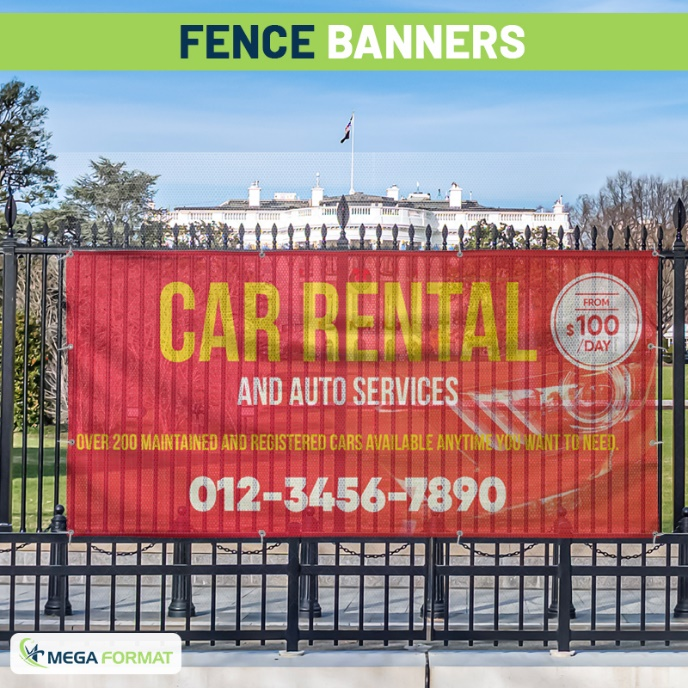 A large car rental banner with sharp text and vivid images displayed outdoors in windy conditions