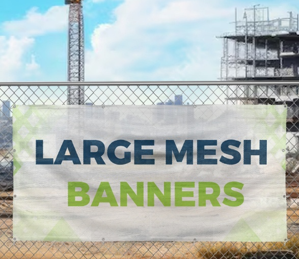 A mesh banner with ‘large mesh banners’ written on it