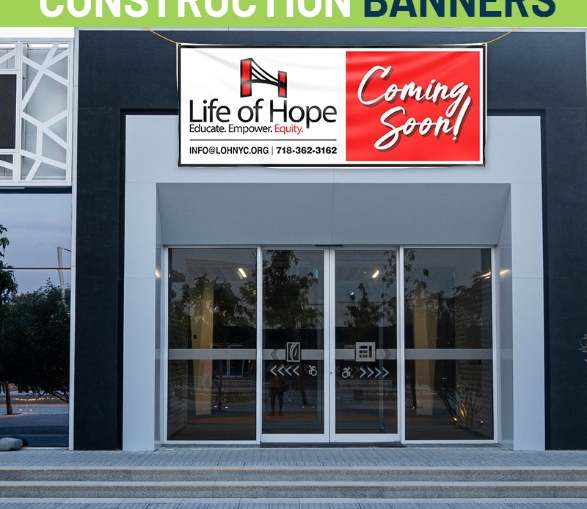 A construction banner on a building