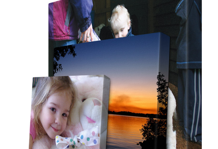 Canvas wrapped paintings of children and a sunset