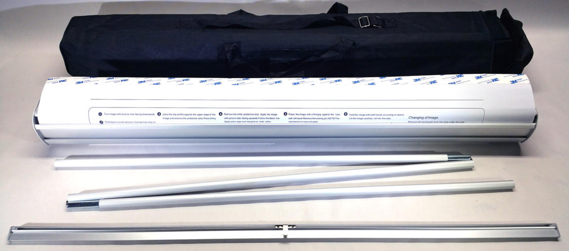 a folded banner with its rods