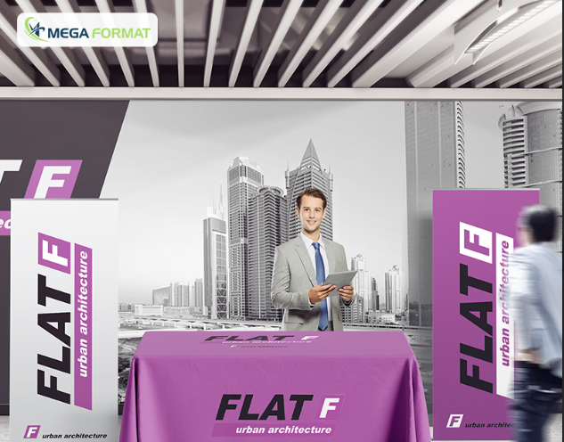 Retractable banners and table throws for events by Mega Format Inc.