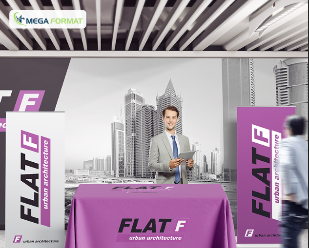 Retractable banners and table throws for events by Mega Format Inc.