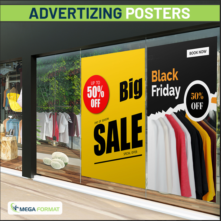 A large-format advertising poster promoting seasonal sales displayed in a retail setting