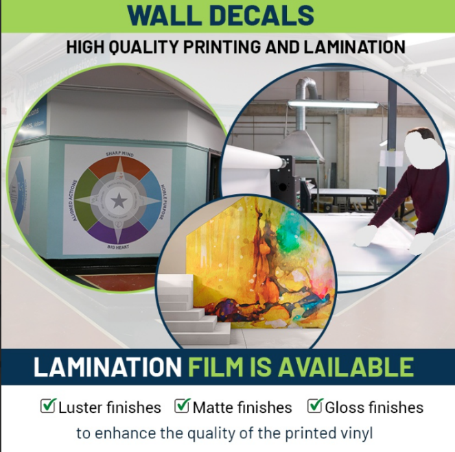 Wall decals with branded graphics and custom designs applied to an interior retail wall