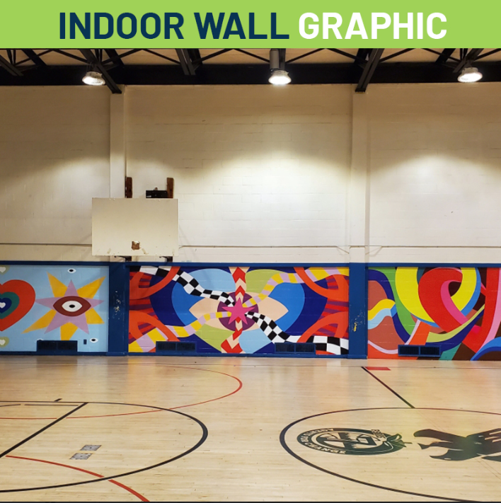 A large indoor wall graphic printed on adhesive vinyl installed in a commercial interior space