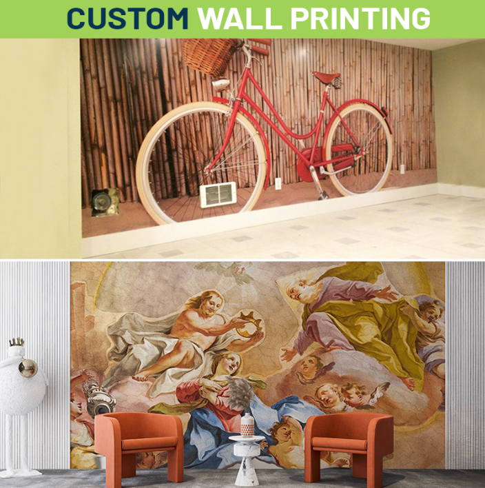 A custom wall printing installation showing vibrant branded graphics applied to an interior wall
