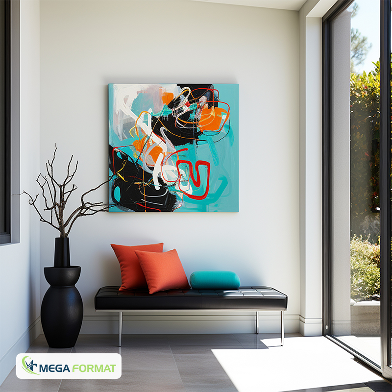 Abstract canvas wall art displayed in a sunlit corner above a bench