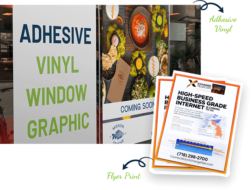 Custom adhesive vinyl window graphics and printed promotional materials for business branding