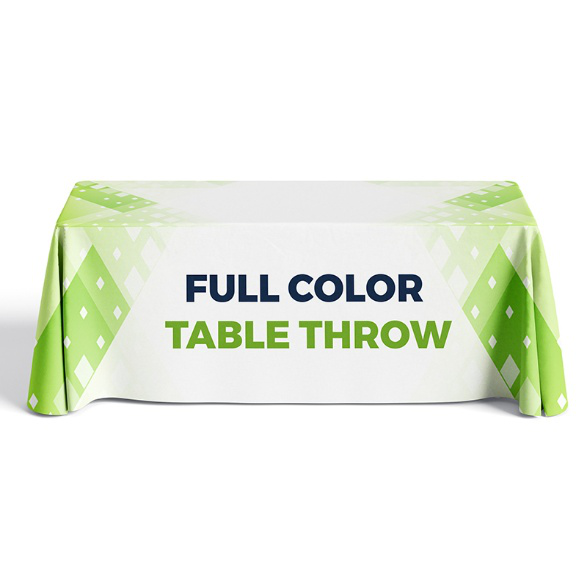Full-color custom printed table throw displaying a consistent branded graphic design