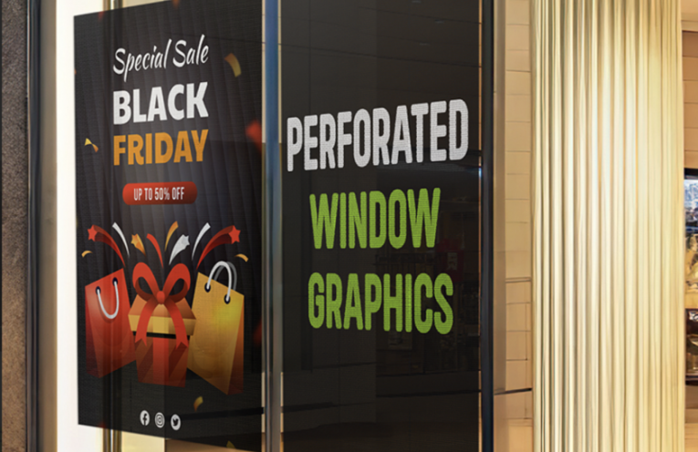 Large printed promotional window graphics applied across a retail storefront