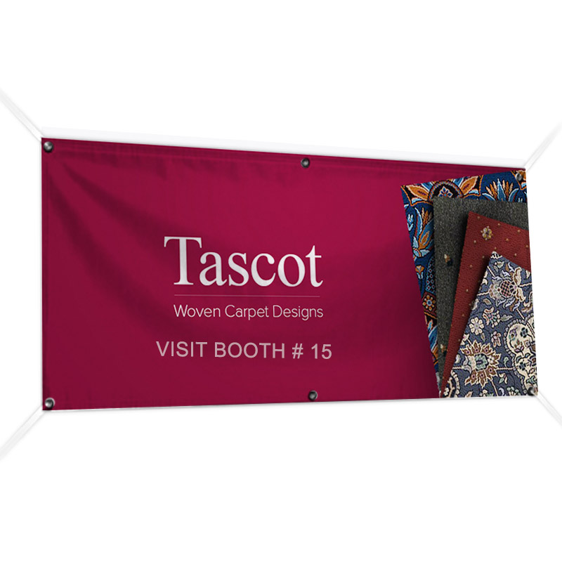 Wide horizontal trade show banner with business name, booth number, and product imagery