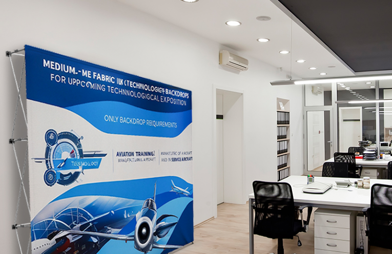 Straight pop-up display wall with large format graphics in a technology office