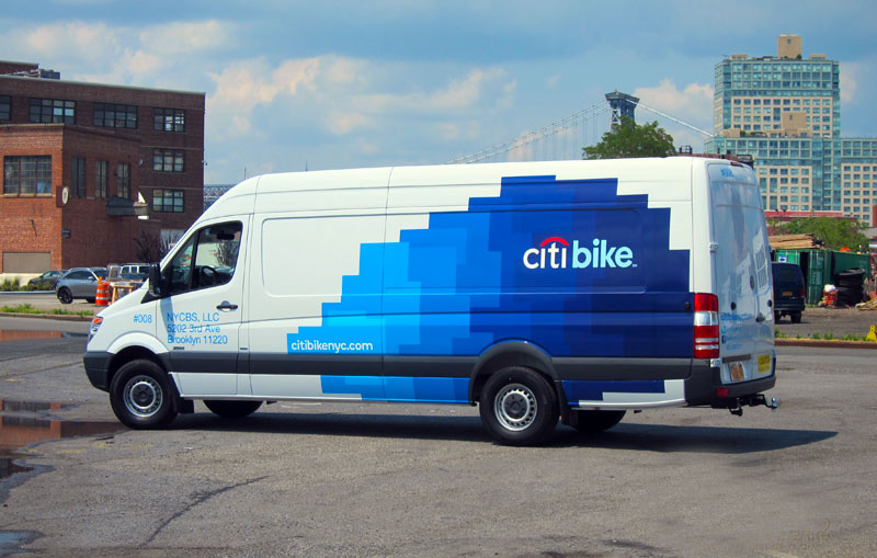 Citi Bike vehicle graphic displayed on a wrapped vehicle