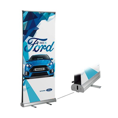 Branded trade show booth with pop-up display, retractable banners, and custom table covering