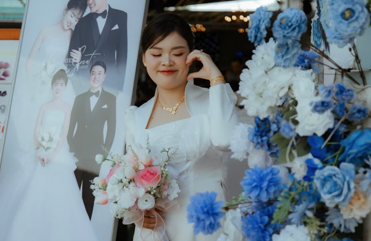A wedding guest posing with a wedding pop-up display